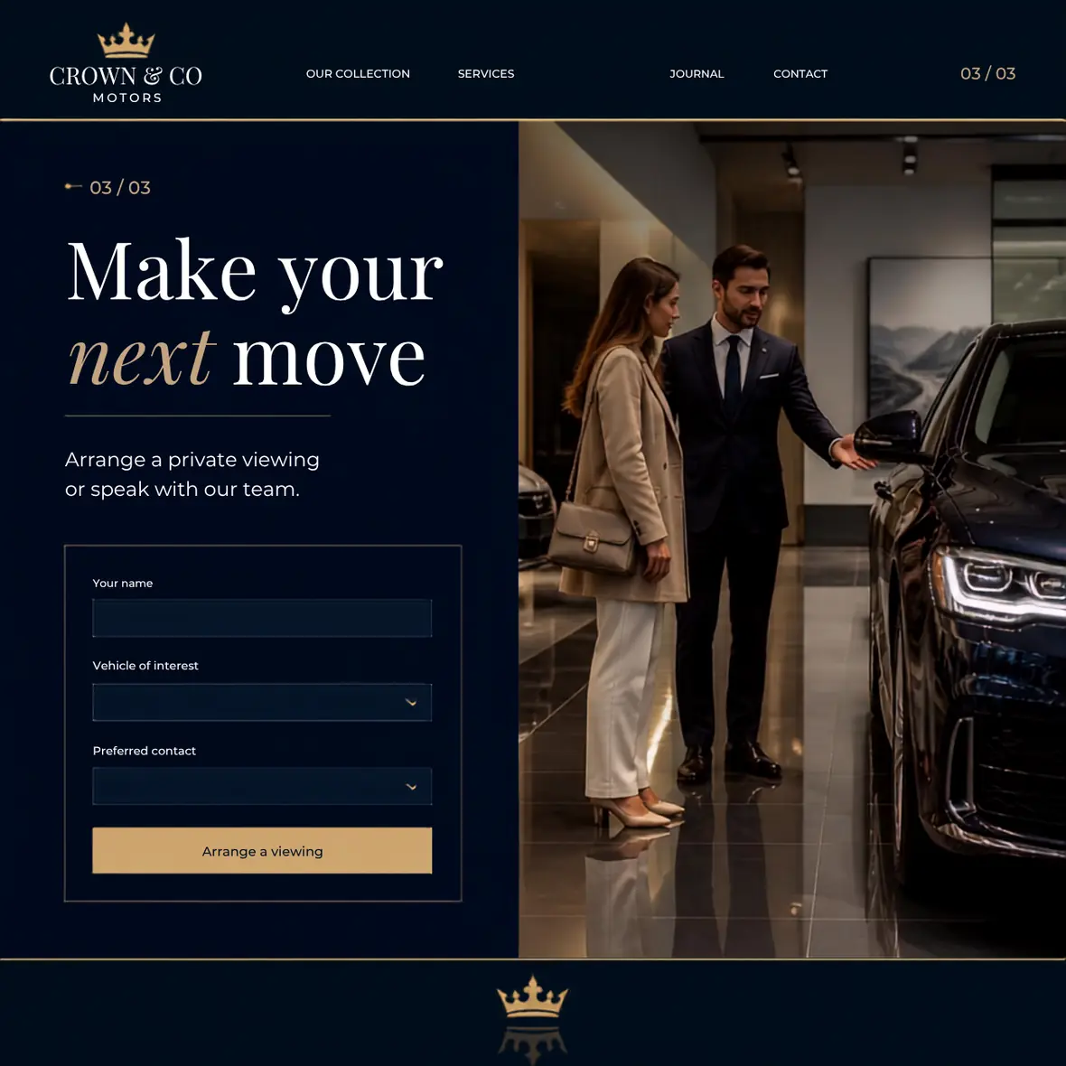 Crown & Co Motors enquiry page — Automotive & Garages website concept