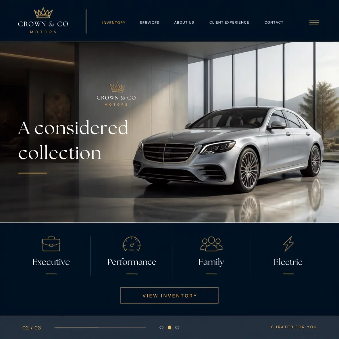 Crown & Co Motors inventory page — Automotive & Garages website concept