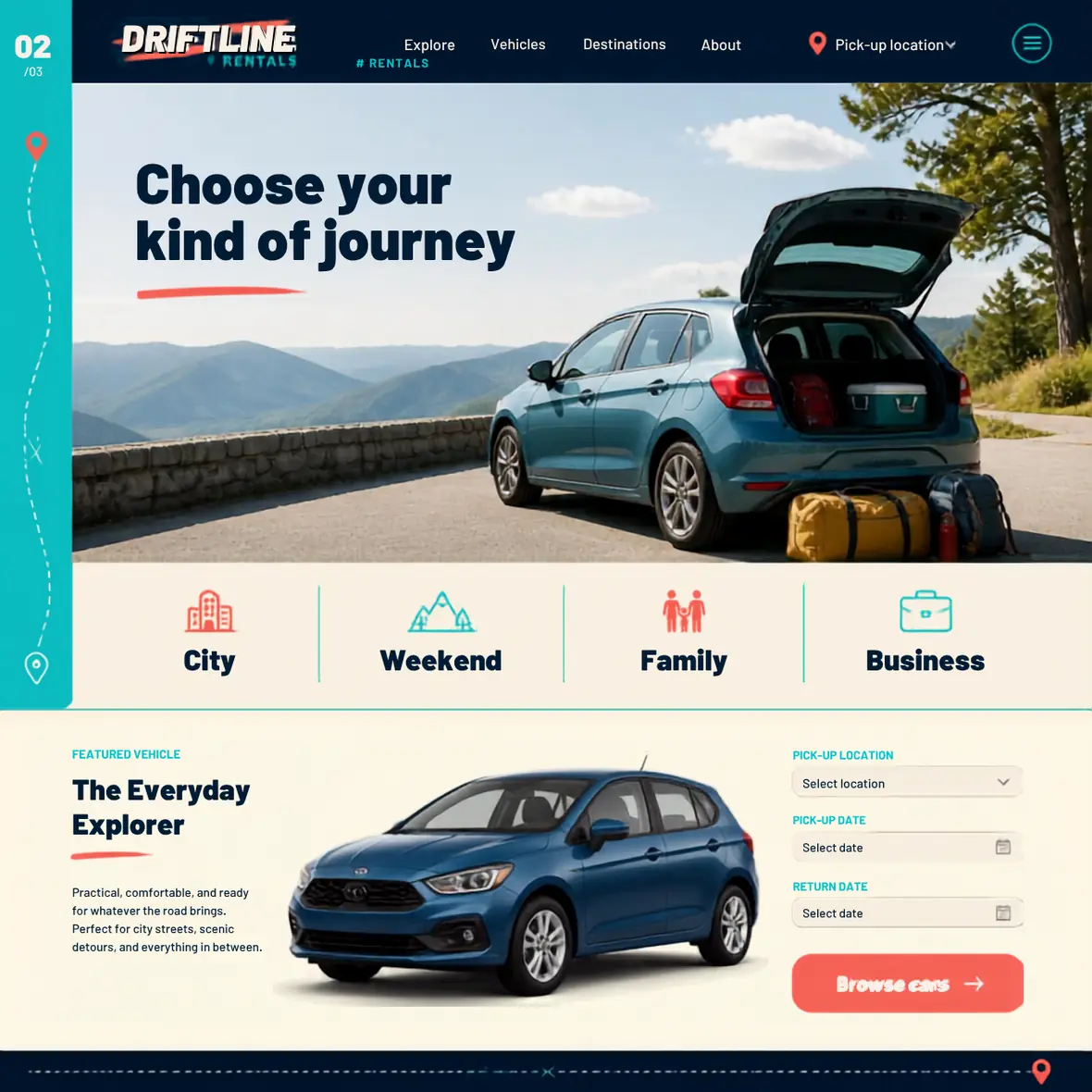 Driftline Rentals explore page — Automotive & Garages website concept
