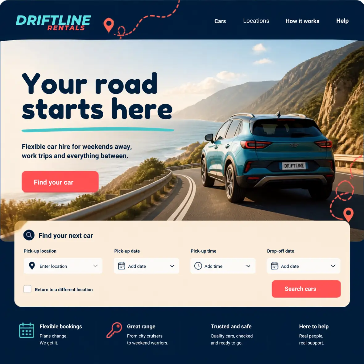 Driftline Rentals home page — Automotive & Garages website concept