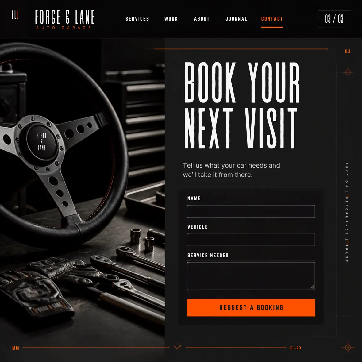 Forge & Lane booking page — Automotive & Garages website concept