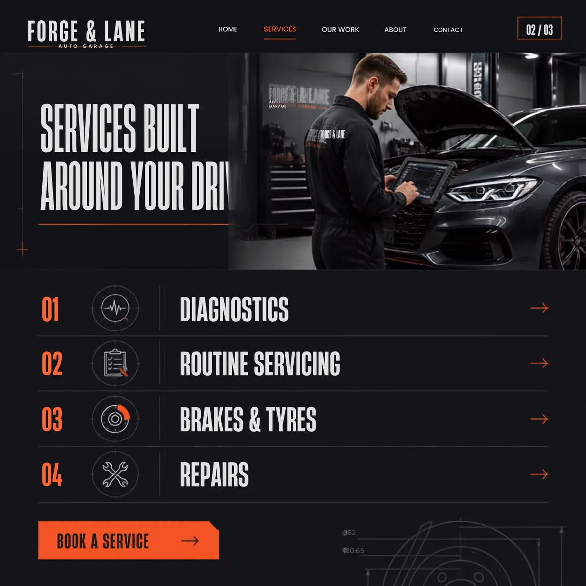 Forge & Lane services page — Automotive & Garages website concept