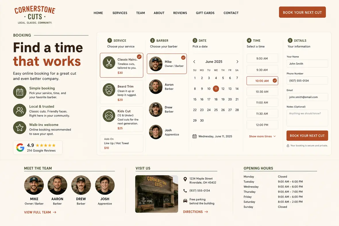 Cornerstone Cuts booking page — Barbers website concept