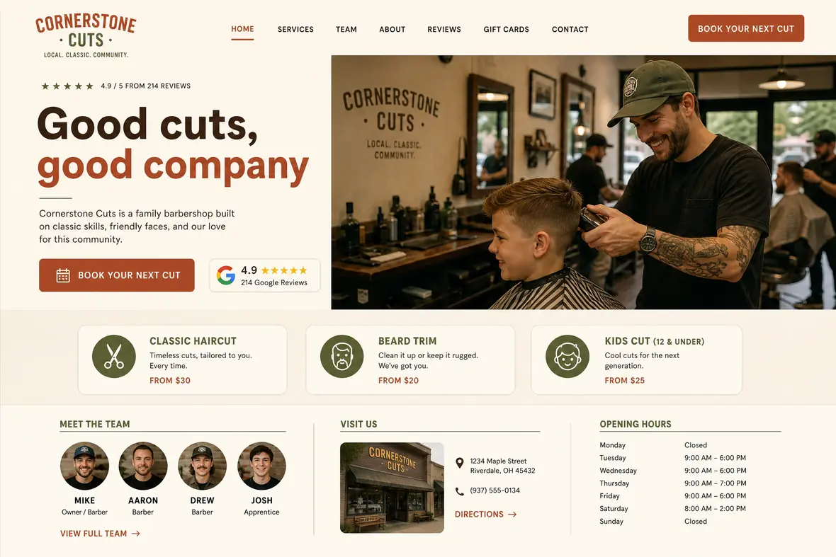 Cornerstone Cuts home page — Barbers website concept