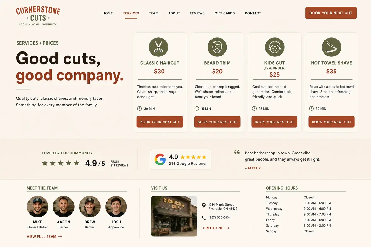 Cornerstone Cuts services page — Barbers website concept