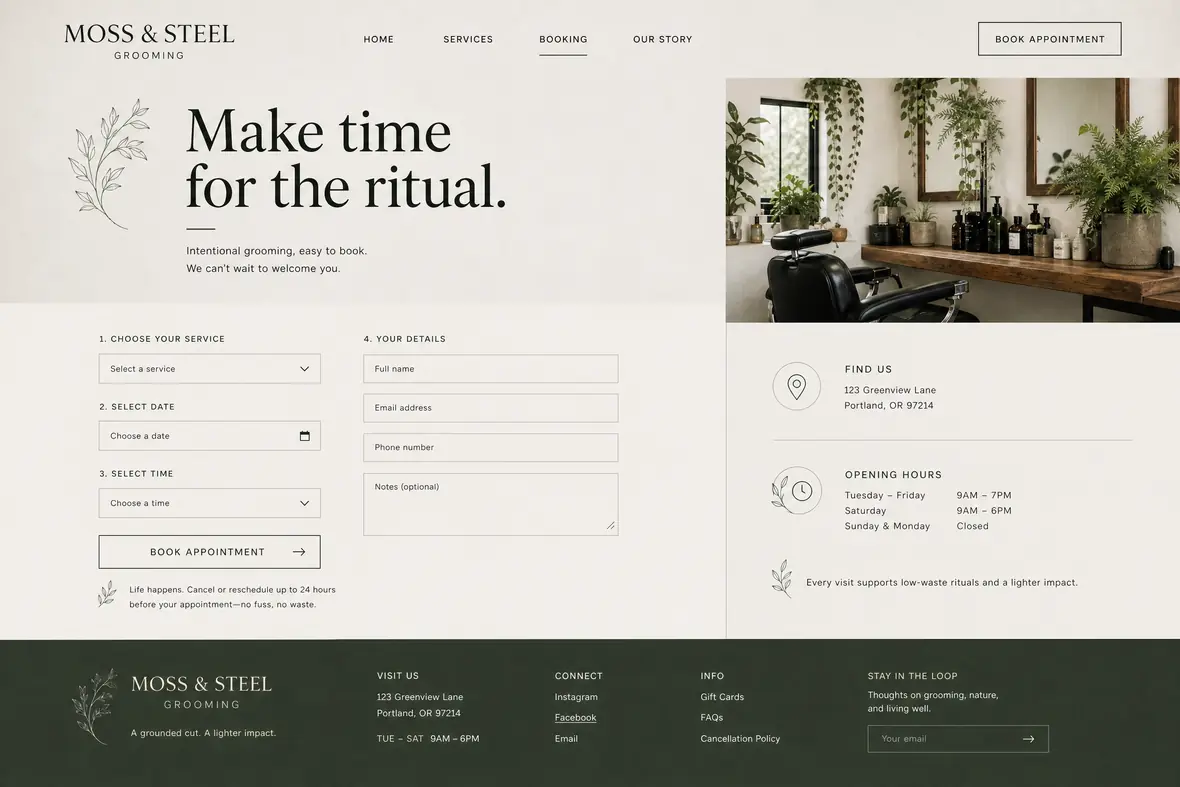 Moss & Steel booking page — Barbers website concept