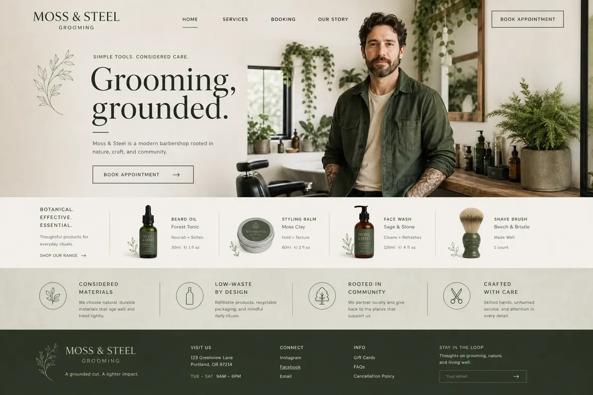 Moss & Steel home page — Barbers website concept