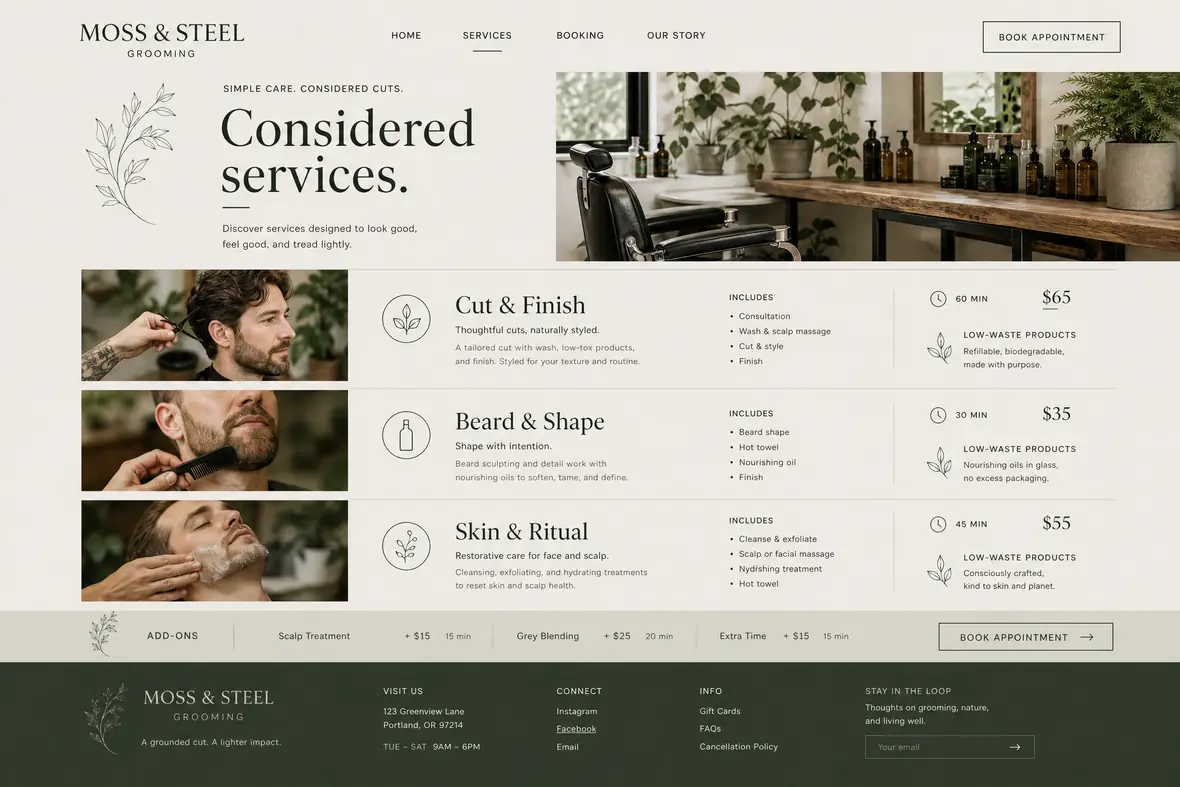 Moss & Steel services page — Barbers website concept