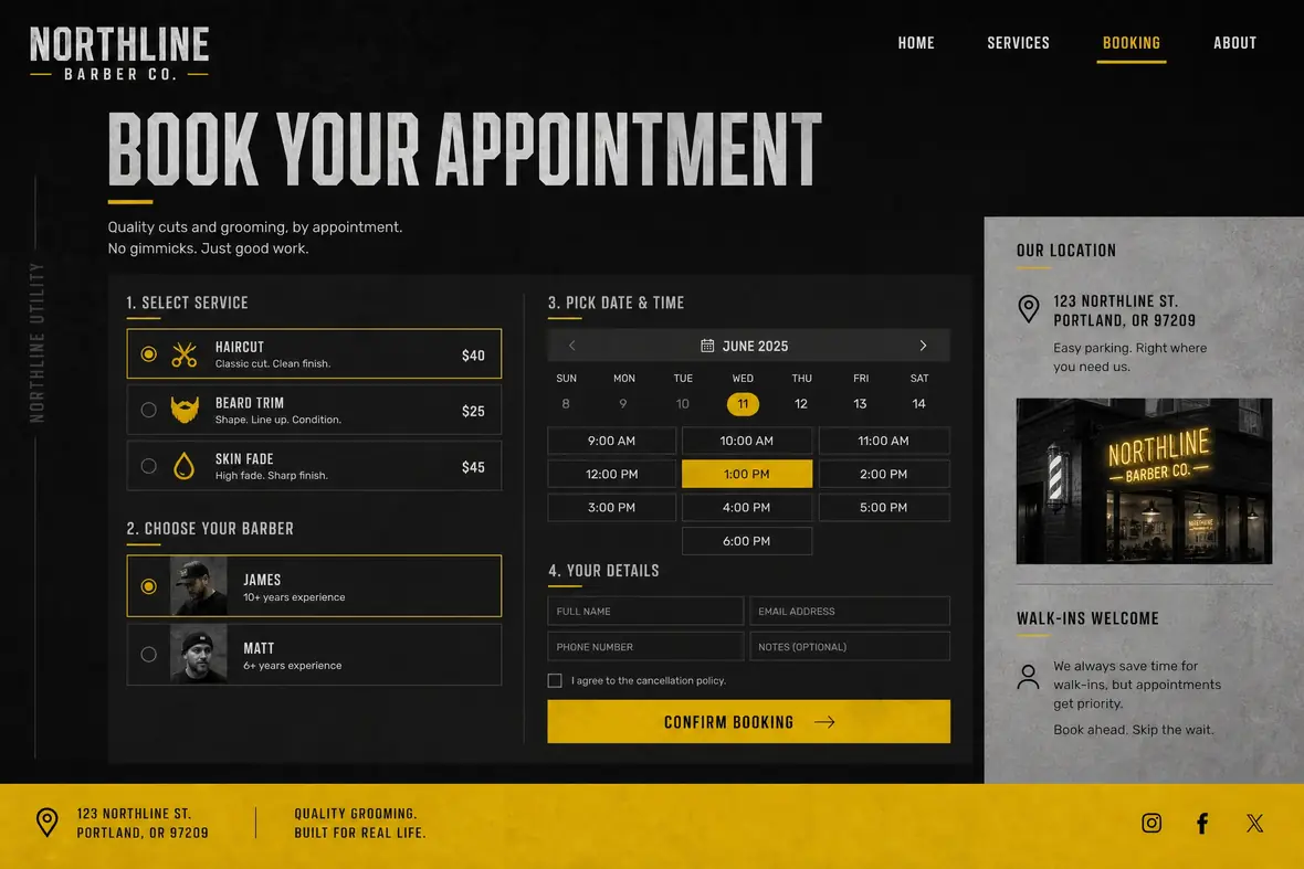 Northline Barber Co. booking page — Barbers website concept