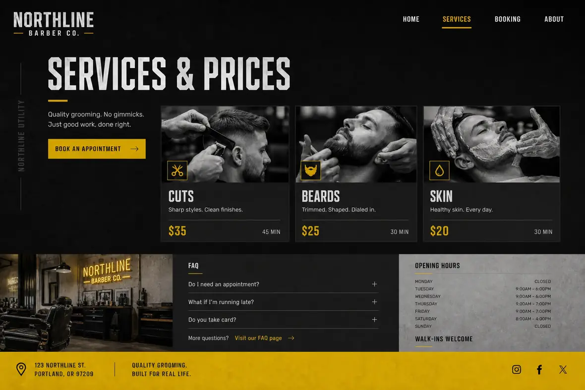 Northline Barber Co. services page — Barbers website concept