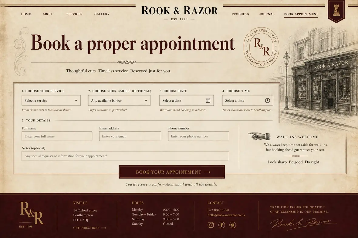 Rook & Razor booking page — Barbers website concept