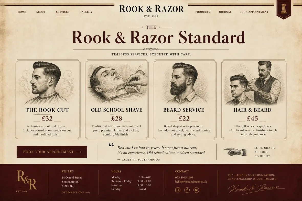 Rook & Razor services page — Barbers website concept