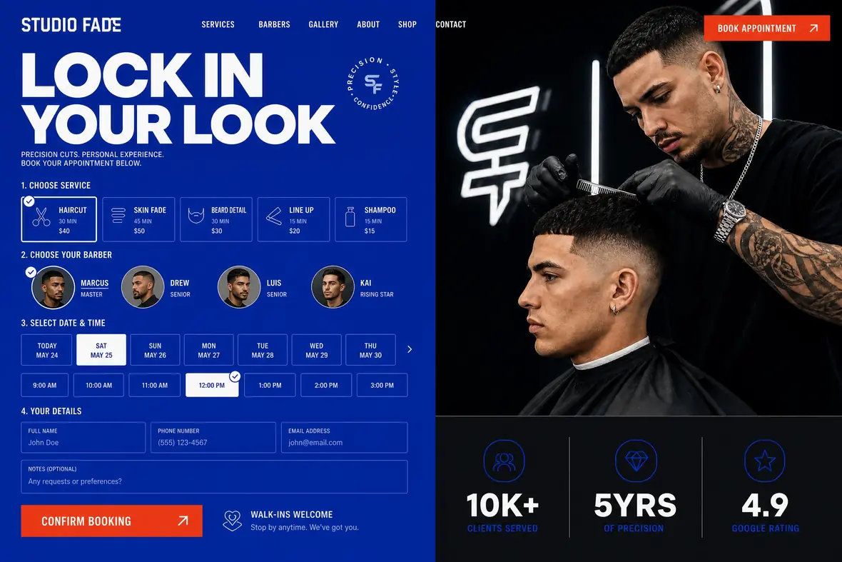 Studio Fade booking page — Barbers website concept