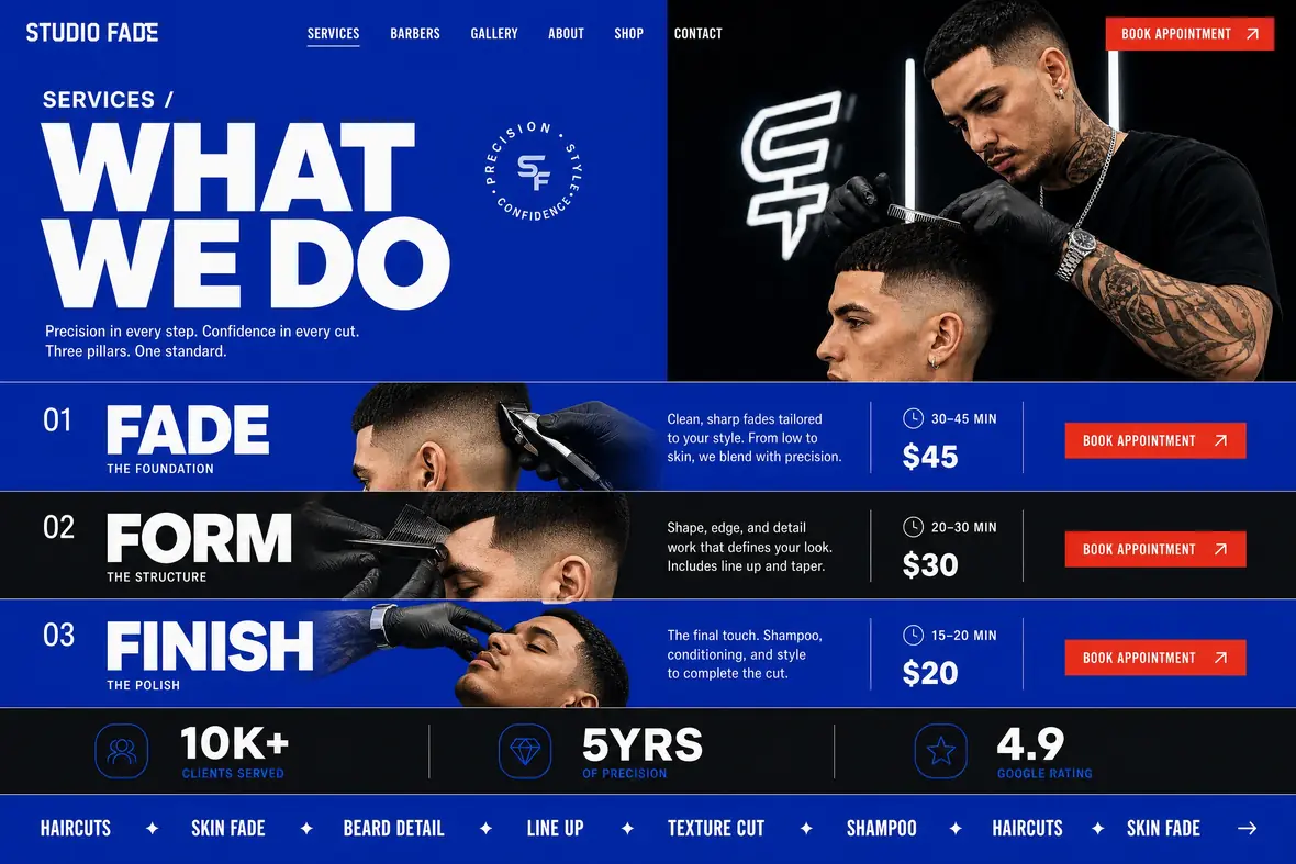 Studio Fade services page — Barbers website concept