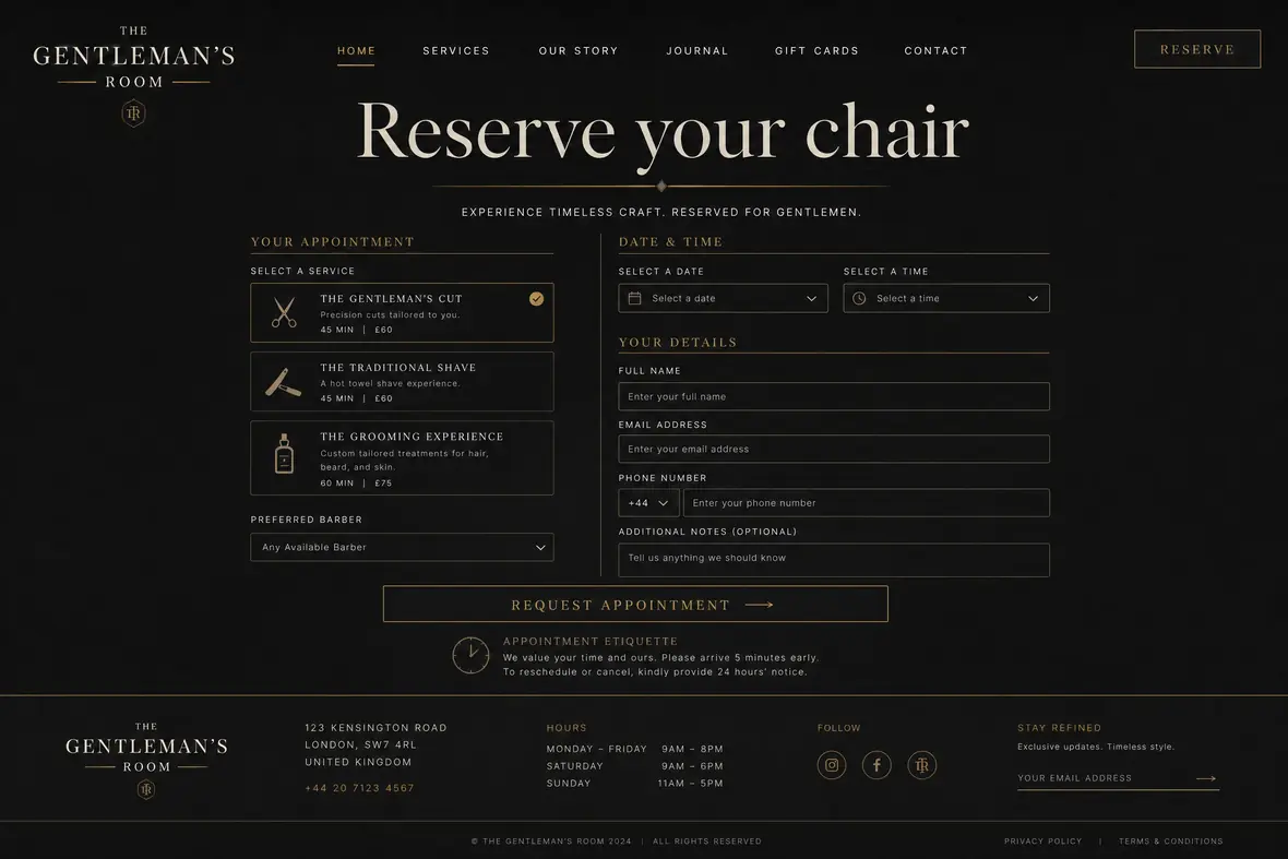 The Gentleman's Room booking page — Barbers website concept