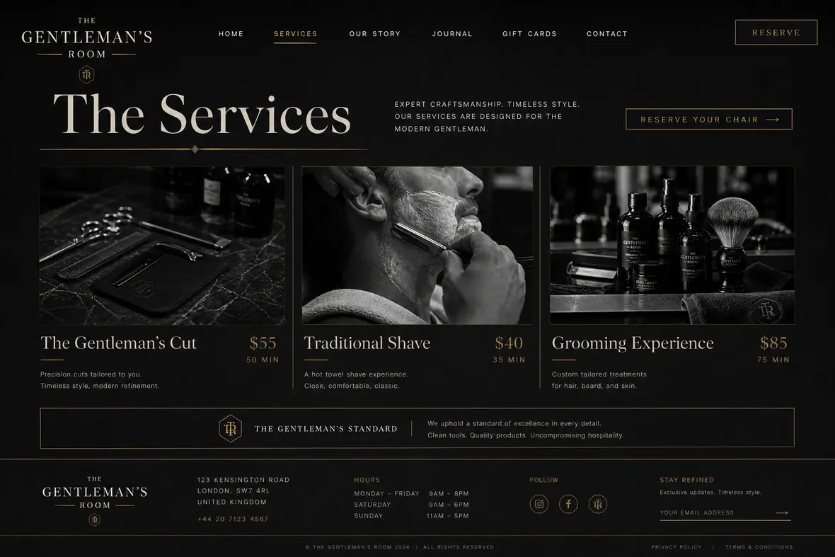 The Gentleman's Room services page — Barbers website concept