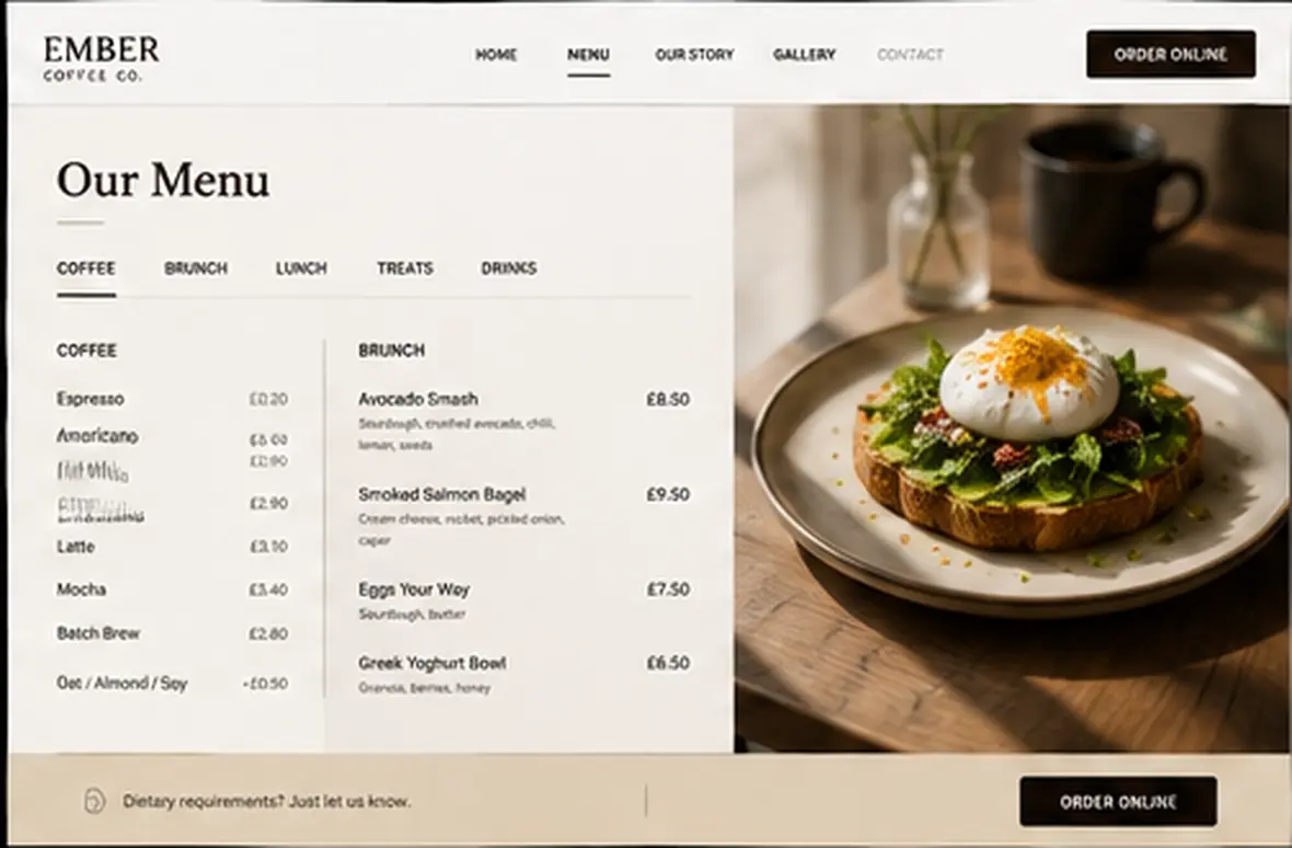 Ember Coffee Co. menu page — Cafés & Coffee Shops website concept