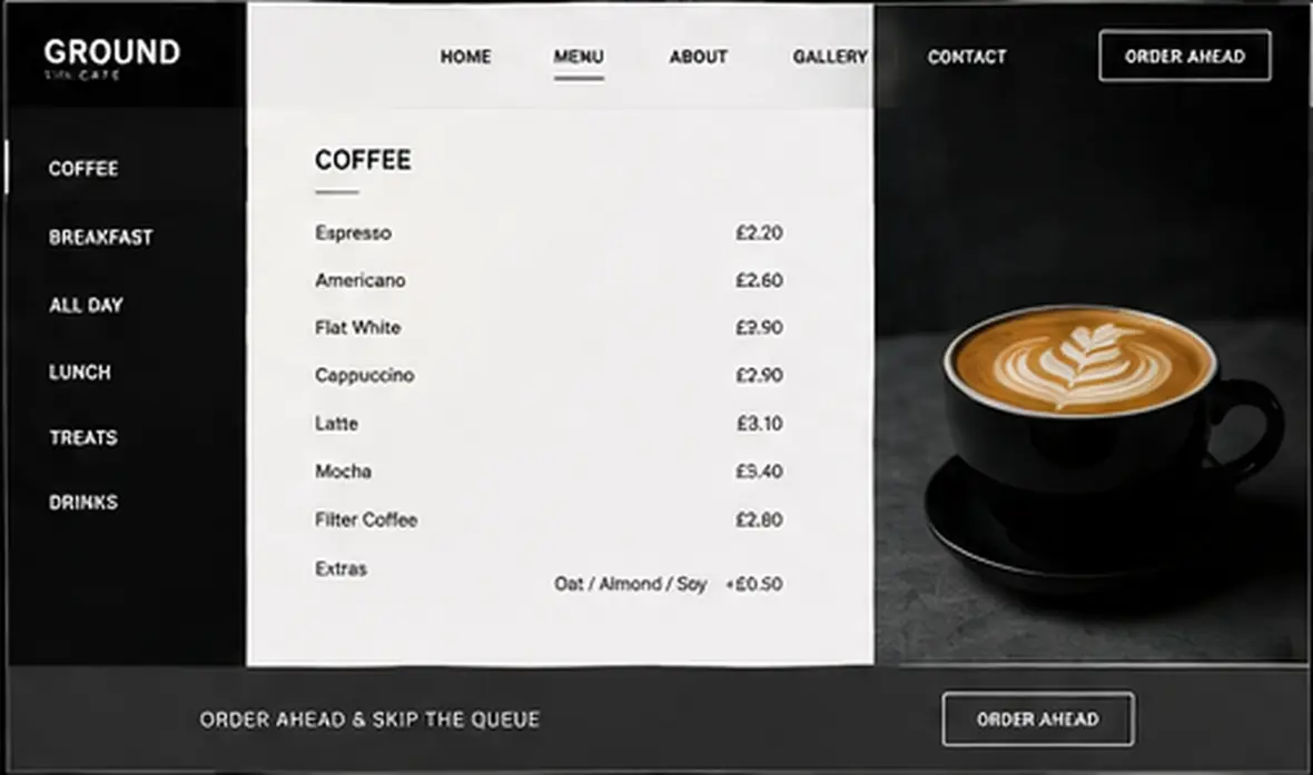Ground menu page — Cafés & Coffee Shops website concept