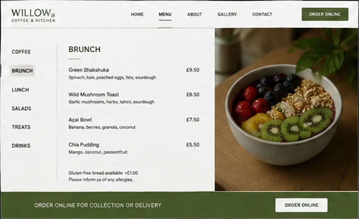 Willow Coffee & Kitchen menu page — Cafés & Coffee Shops website concept