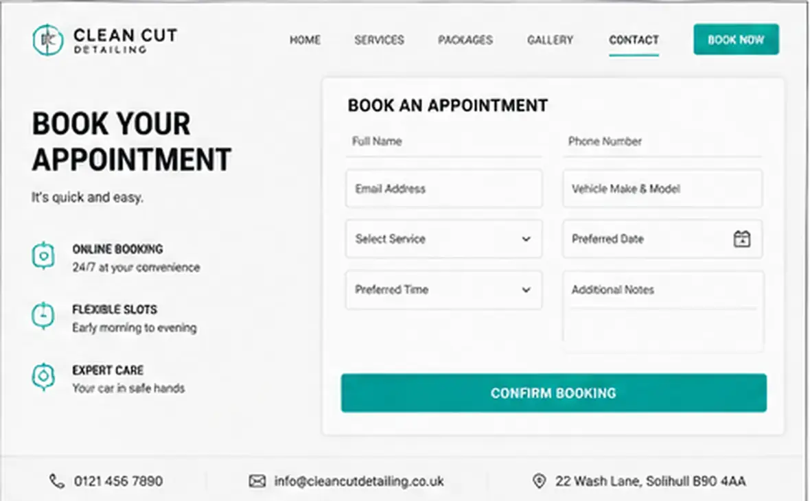 Clean Cut Detailing booking page — Automotive & Garages website concept