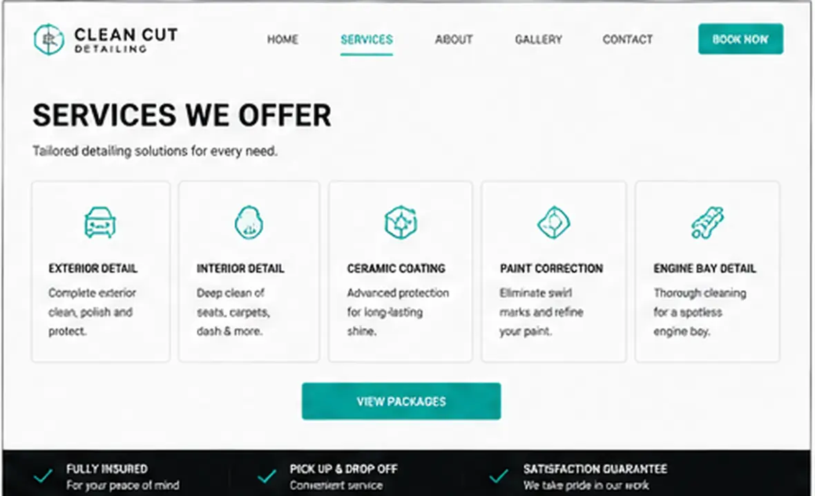 Clean Cut Detailing services page — Automotive & Garages website concept