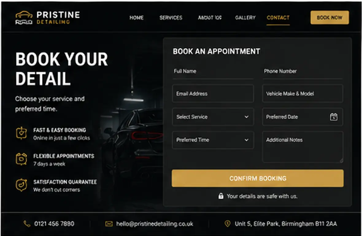 Pristine Detailing booking page — Automotive & Garages website concept