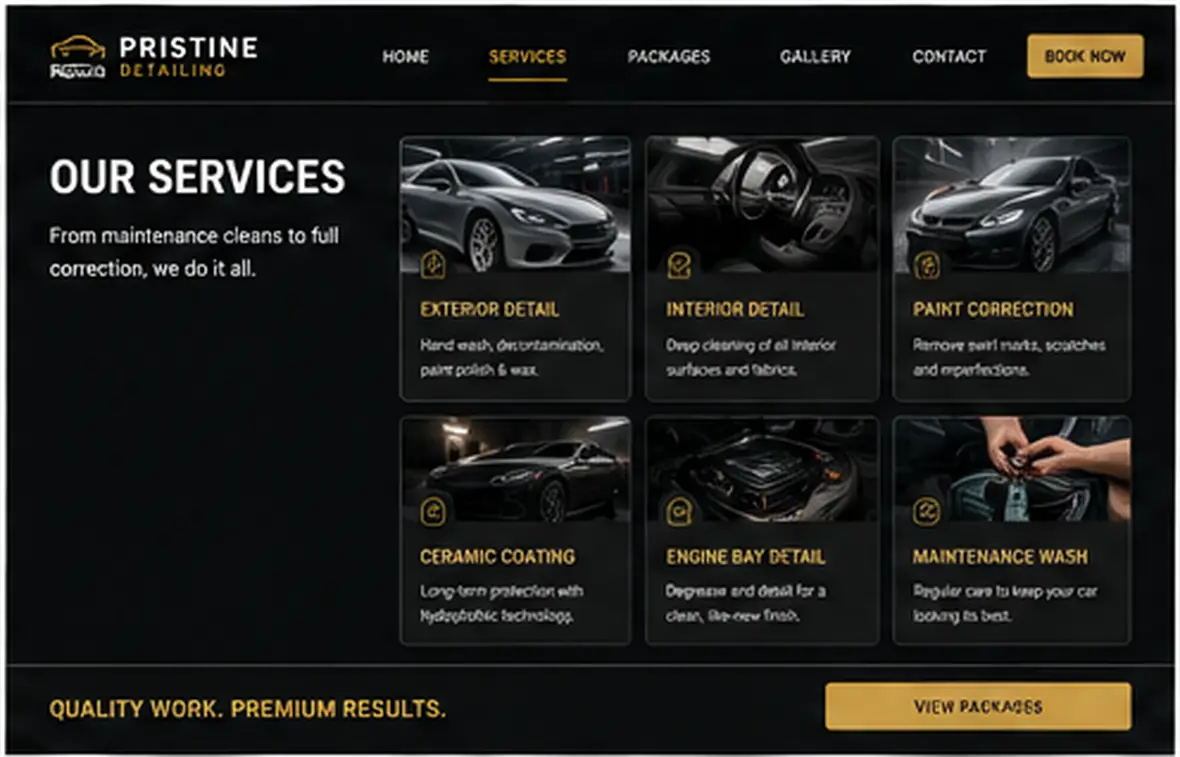 Pristine Detailing services page — Automotive & Garages website concept