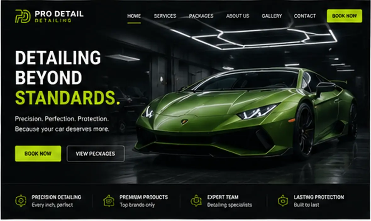 Pro Detail home page — Automotive & Garages website concept