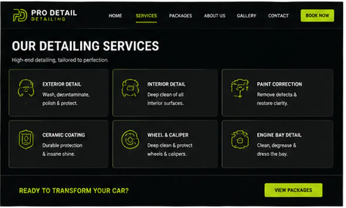 Pro Detail services page — Automotive & Garages website concept