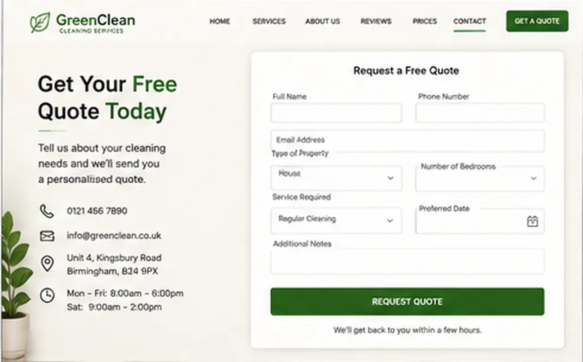 GreenClean quote page — Cleaning Companies website concept