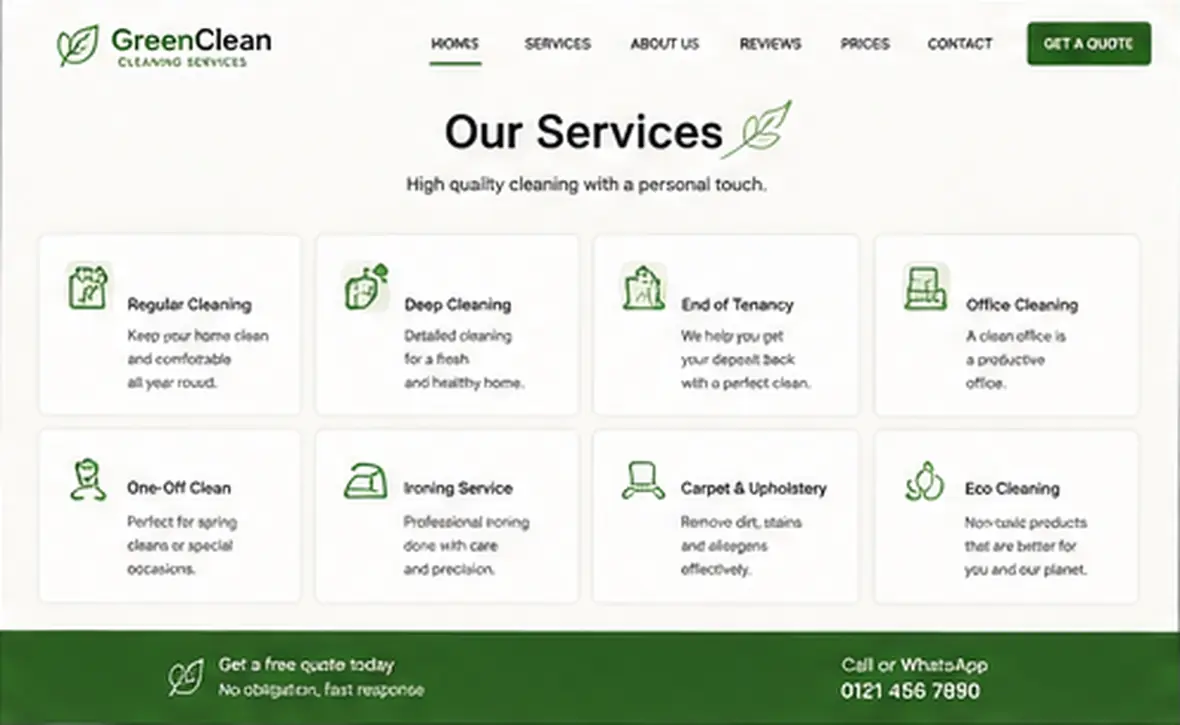 GreenClean services page — Cleaning Companies website concept