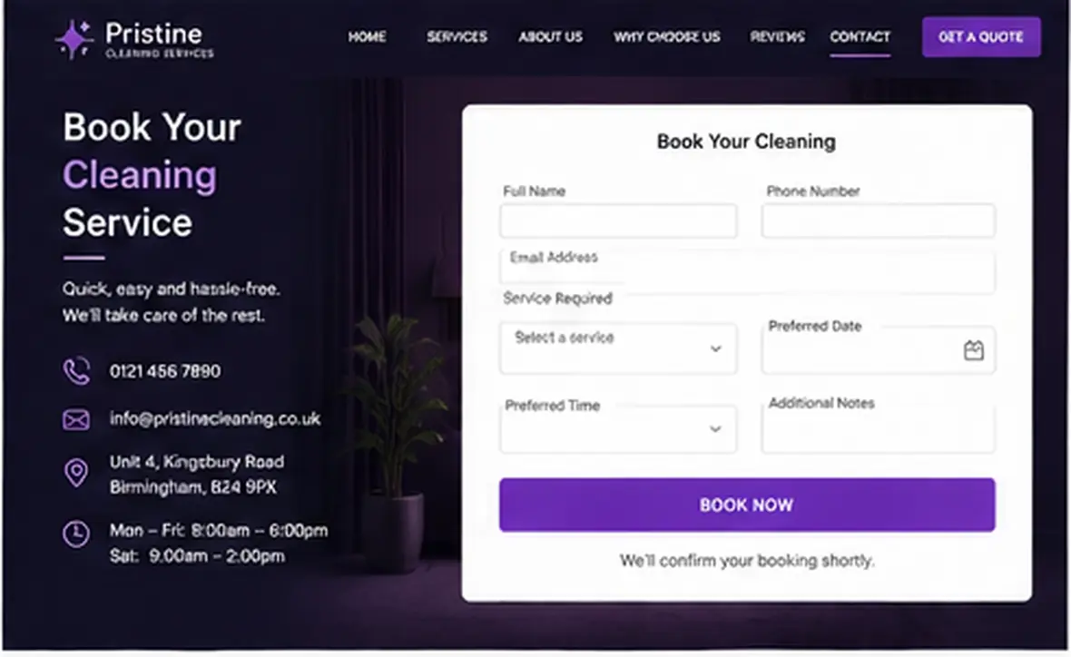Pristine Cleaning booking page — Cleaning Companies website concept