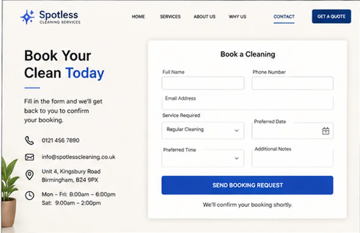 Spotless Cleaning Services booking page — Cleaning Companies website concept