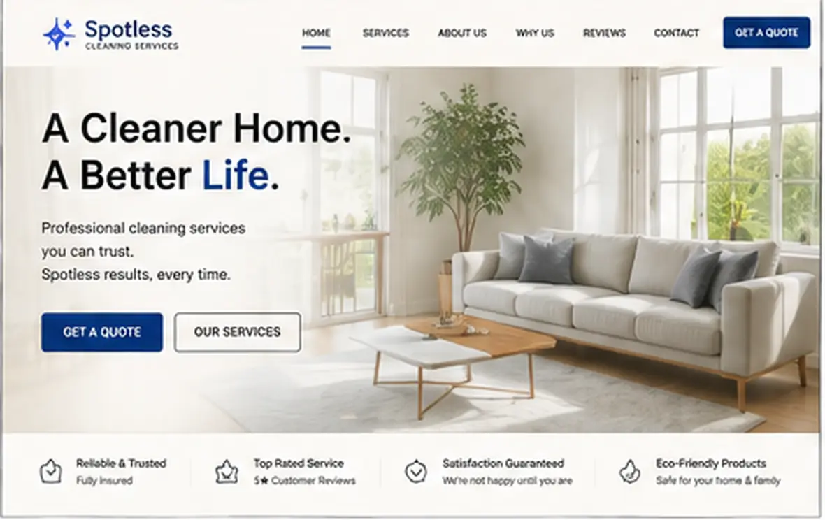Spotless Cleaning Services home page — Cleaning Companies website concept
