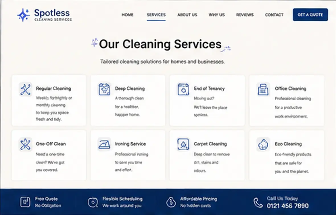 Spotless Cleaning Services services page — Cleaning Companies website concept