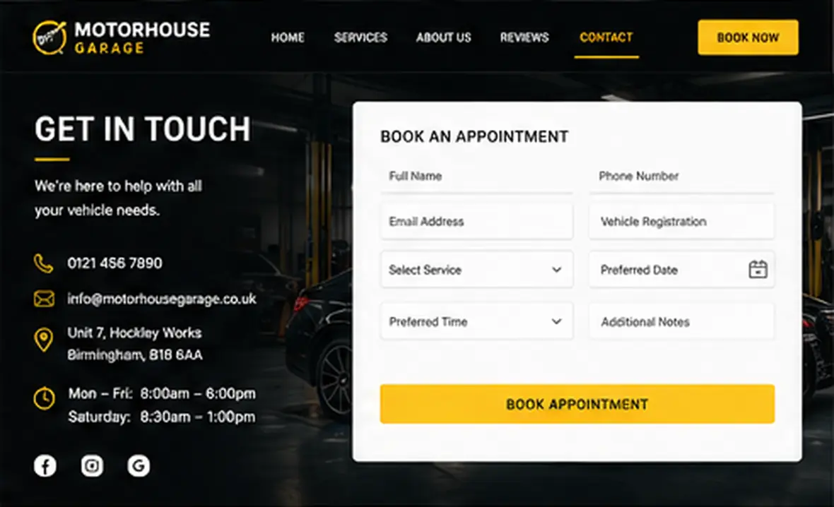 Motorhouse Garage quote page — Automotive & Garages website concept