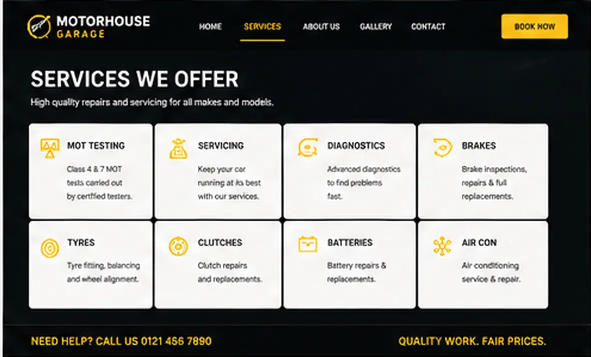 Motorhouse Garage services page — Automotive & Garages website concept