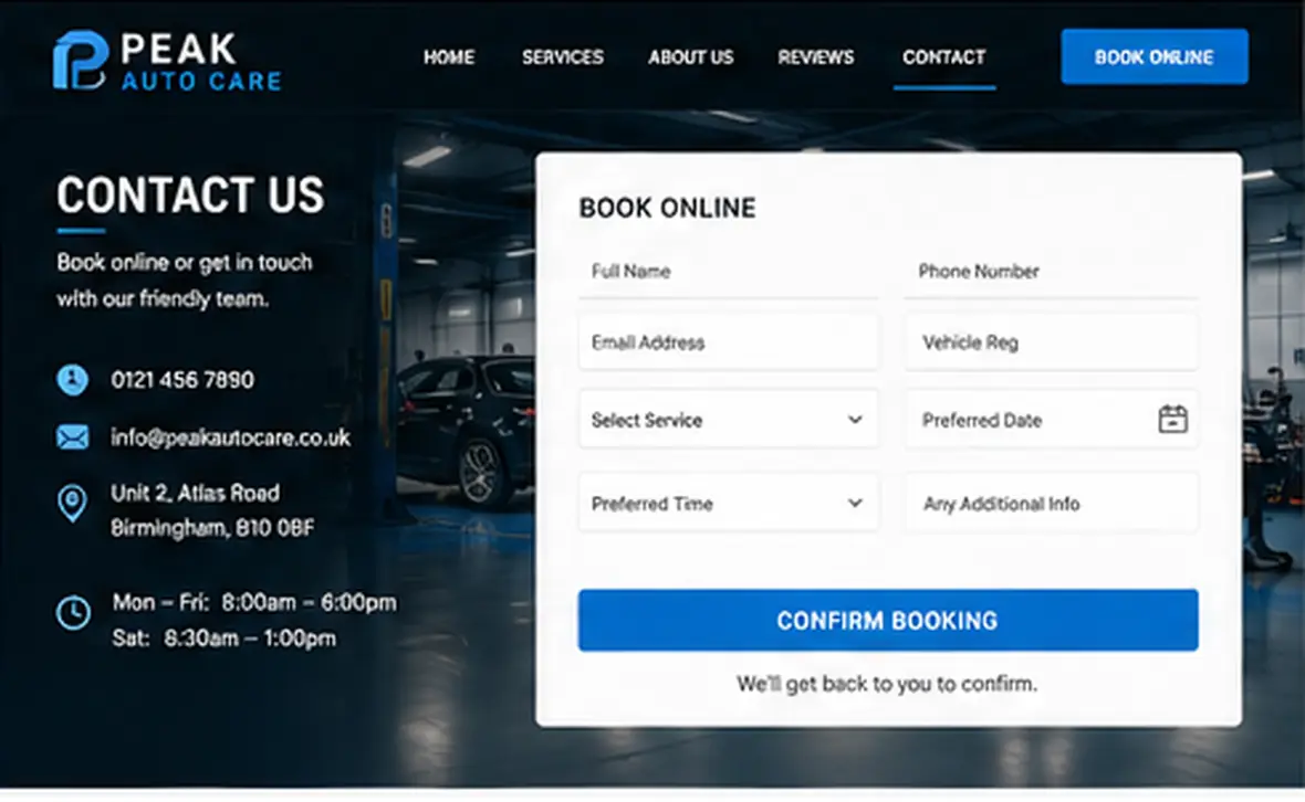 Peak Auto Care booking page — Automotive & Garages website concept