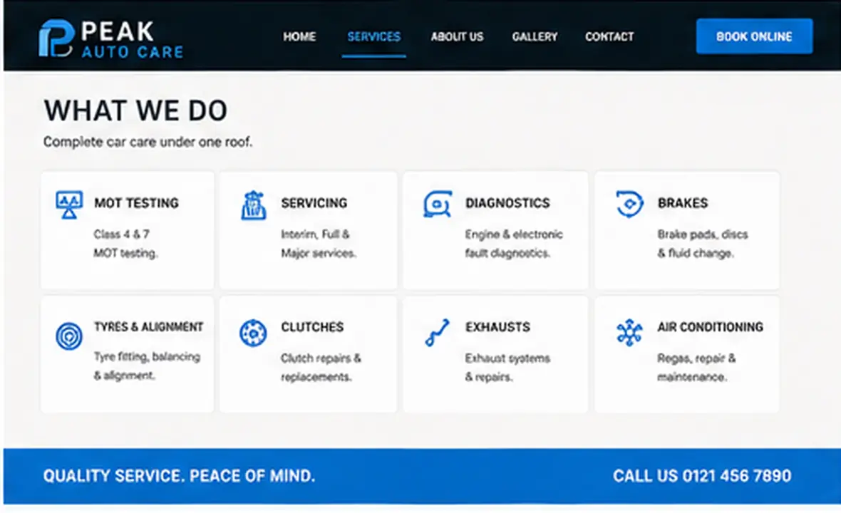 Peak Auto Care services page — Automotive & Garages website concept