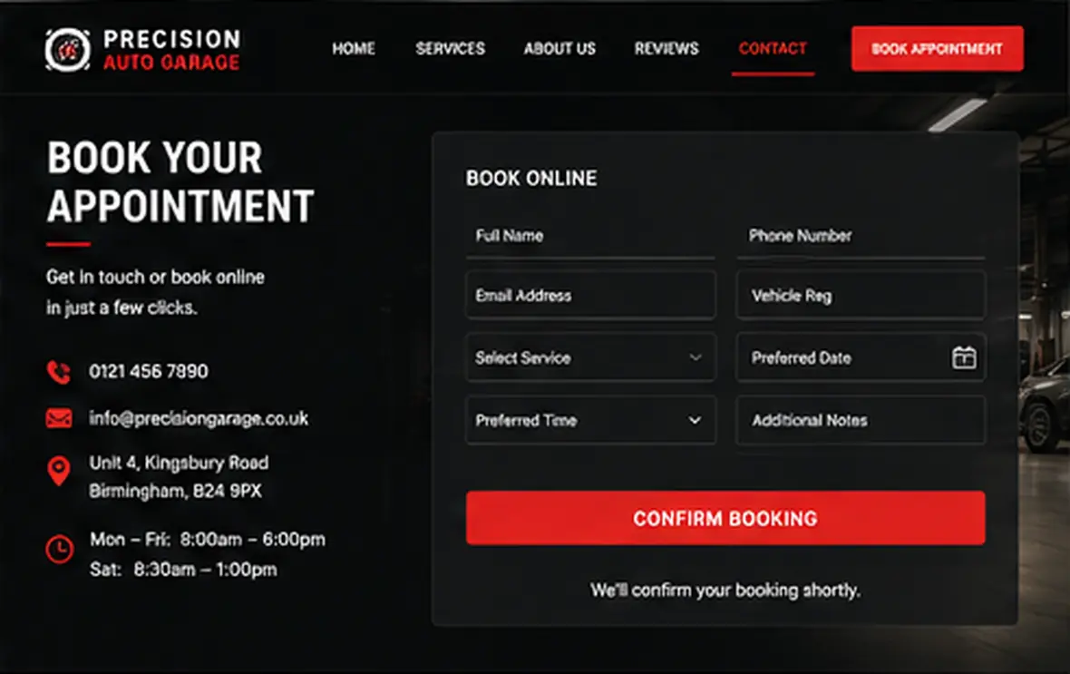 Precision Auto Garage booking page — Automotive & Garages website concept