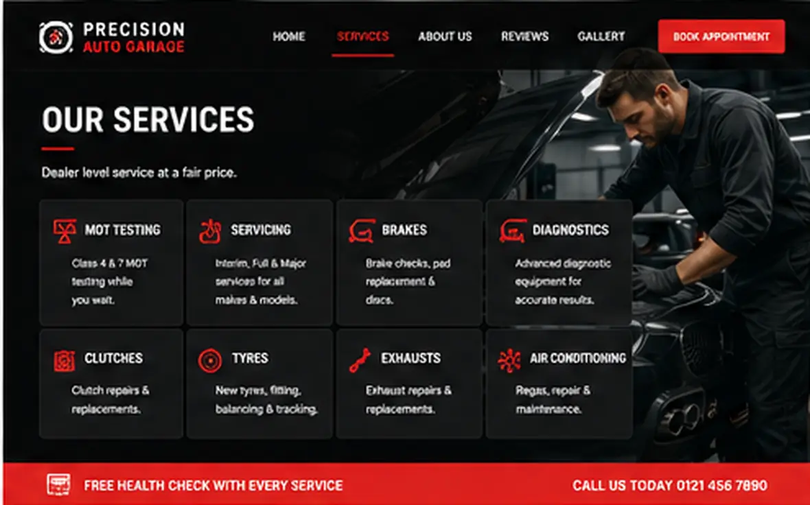 Precision Auto Garage services page — Automotive & Garages website concept