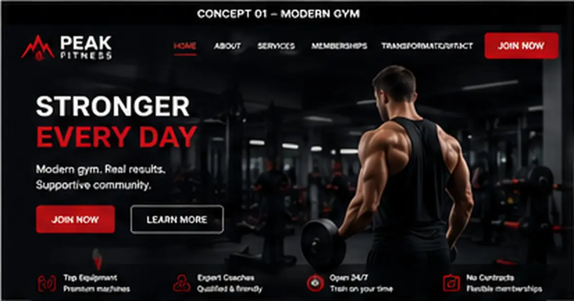 Peak Fitness home page — Gyms, Studios & Martial Arts website concept
