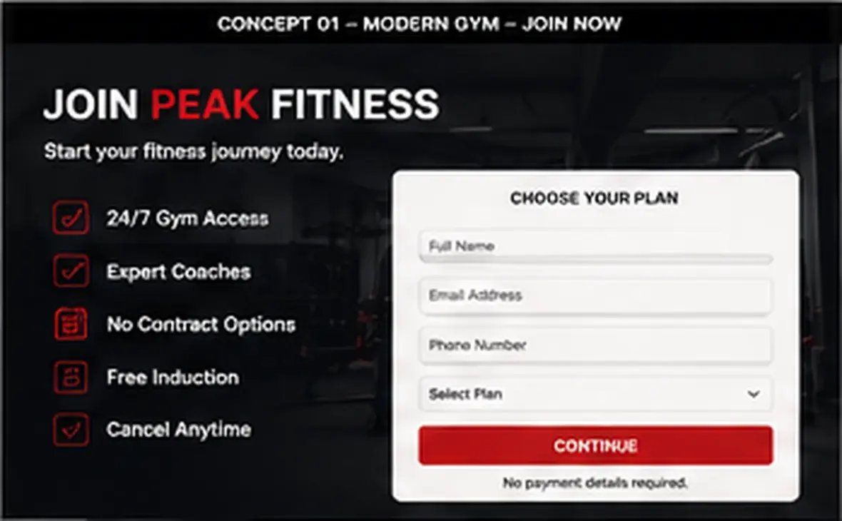 Peak Fitness membership page — Gyms, Studios & Martial Arts website concept