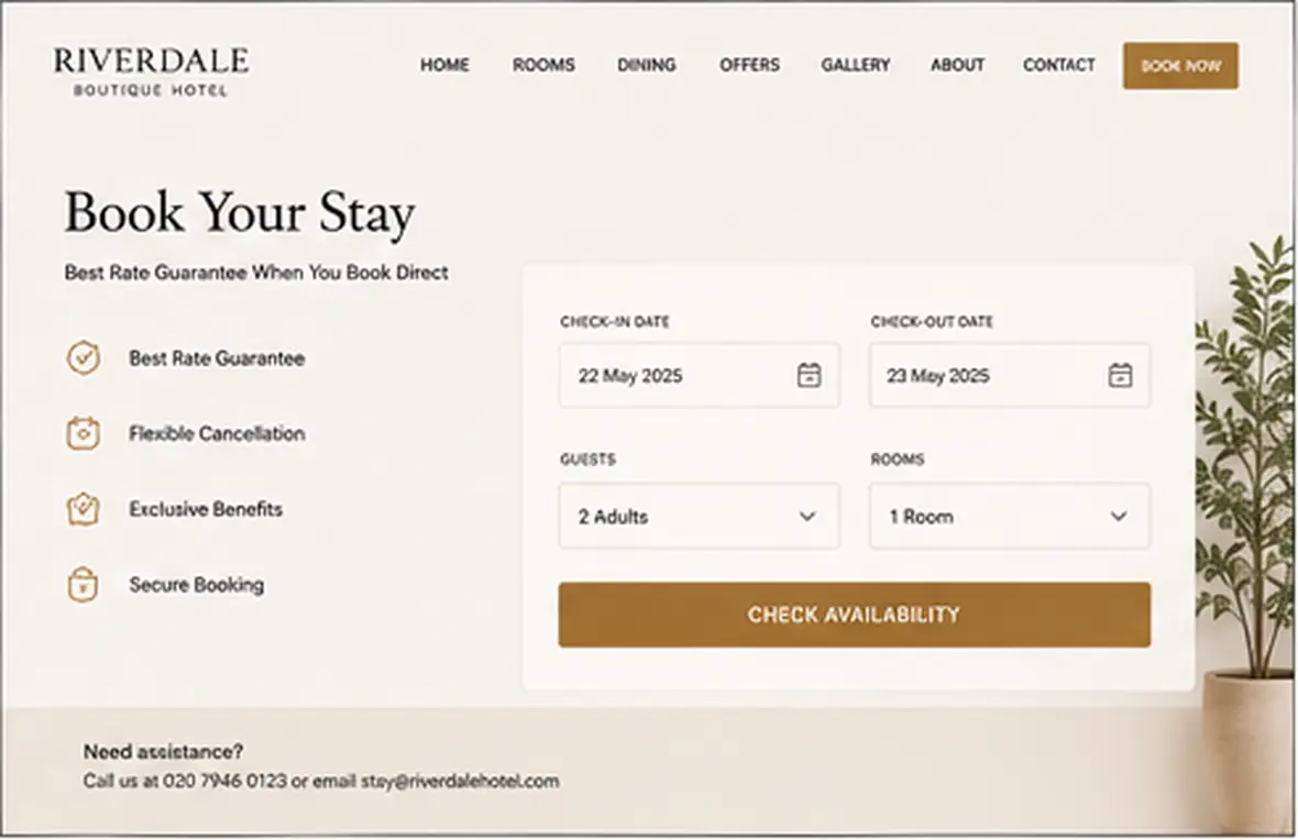 Riverdale Boutique Hotel booking page — Hotels & Retreats website concept