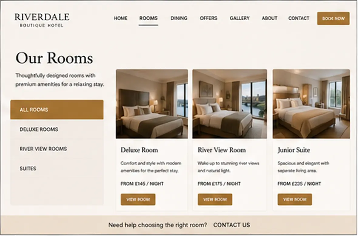 Riverdale Boutique Hotel rooms page — Hotels & Retreats website concept