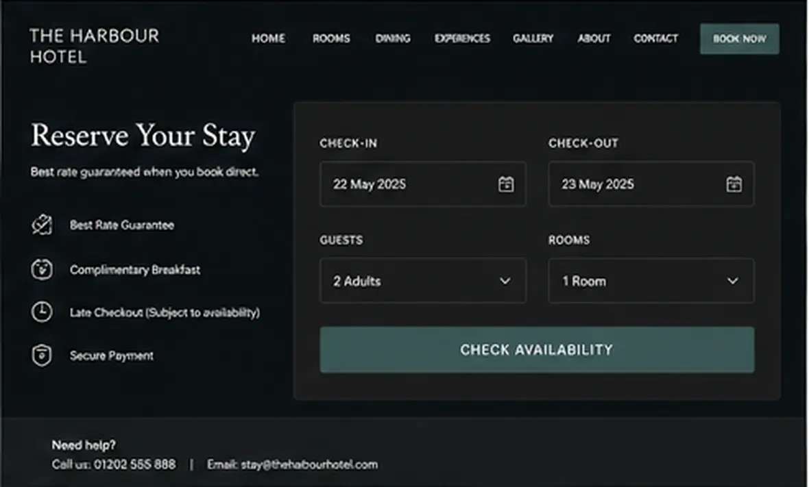 The Harbour Hotel booking page — Hotels & Retreats website concept