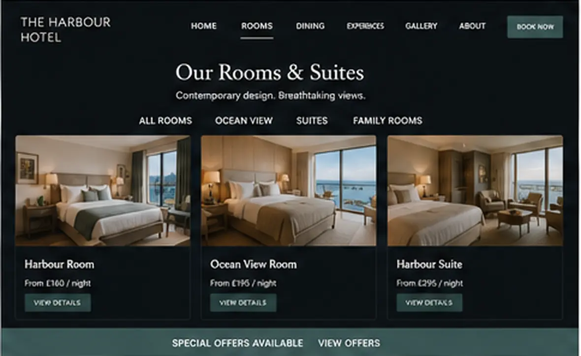 The Harbour Hotel rooms page — Hotels & Retreats website concept