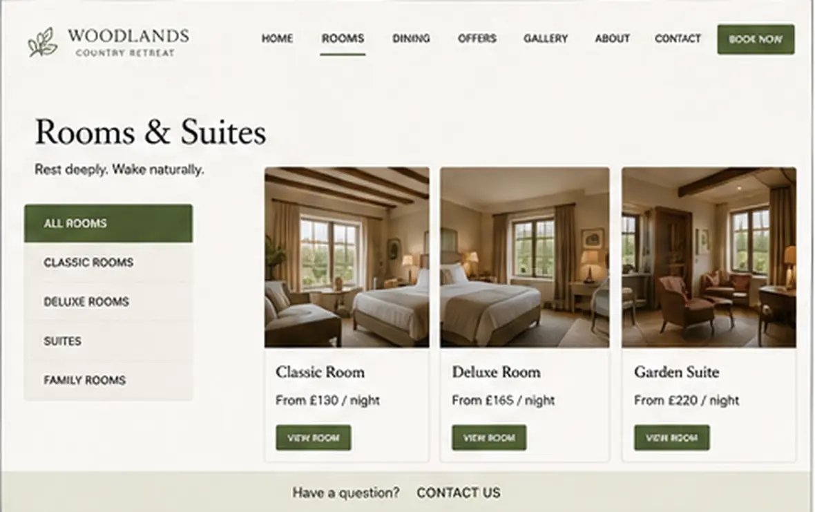 Woodlands Country Retreat accommodation page — Hotels & Retreats website concept