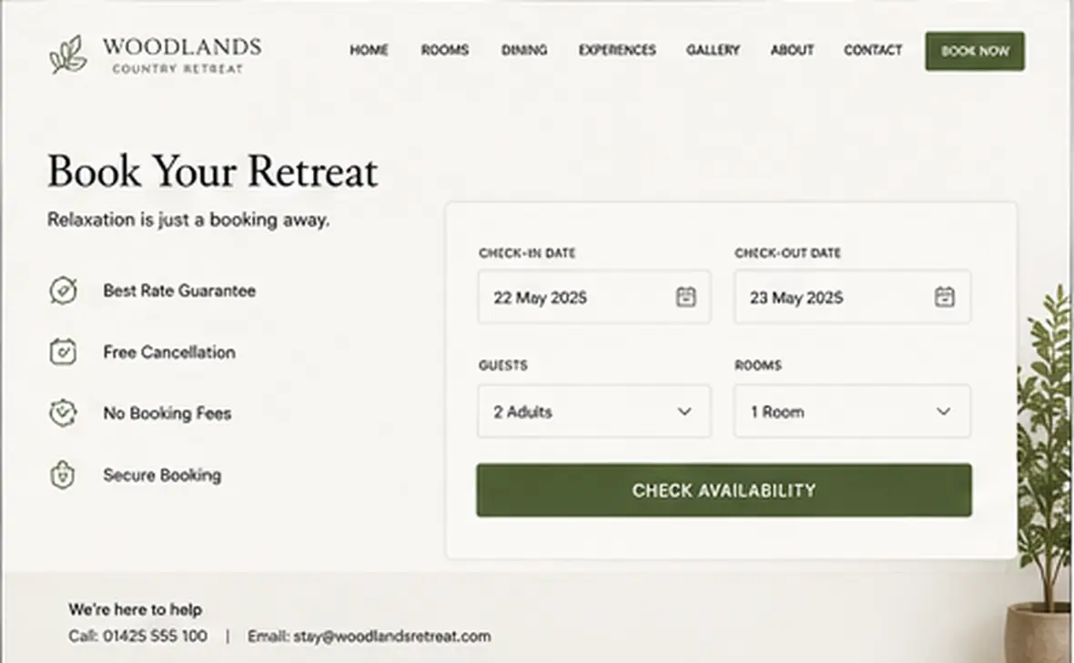 Woodlands Country Retreat booking page — Hotels & Retreats website concept