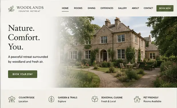 Woodlands Country Retreat — Hotels & Retreats website concept